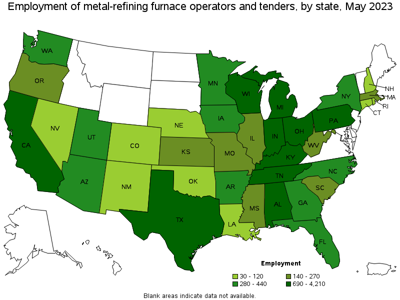Map of employment of metal-refining furnace operators and tenders by state, May 2023