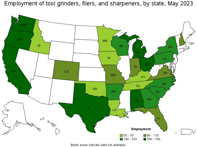 Map of employment of tool grinders, filers, and sharpeners by state, May 2023