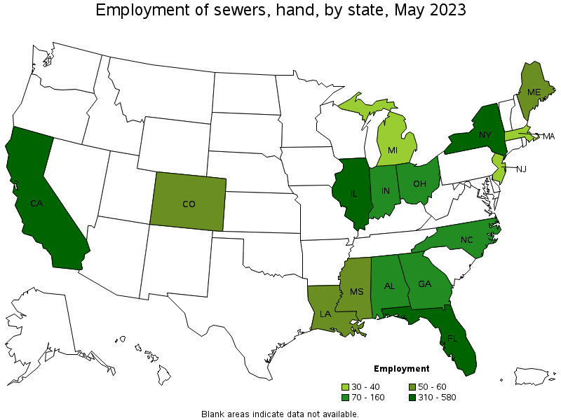 Map of employment of sewers, hand by state, May 2023