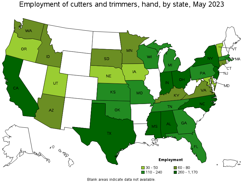 Map of employment of cutters and trimmers, hand by state, May 2023