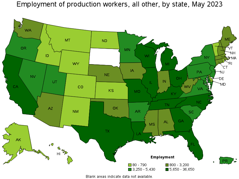 Map of employment of production workers, all other by state, May 2023