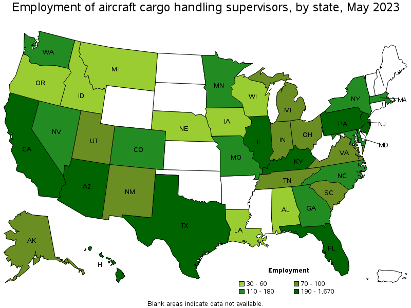 Map of employment of aircraft cargo handling supervisors by state, May 2023
