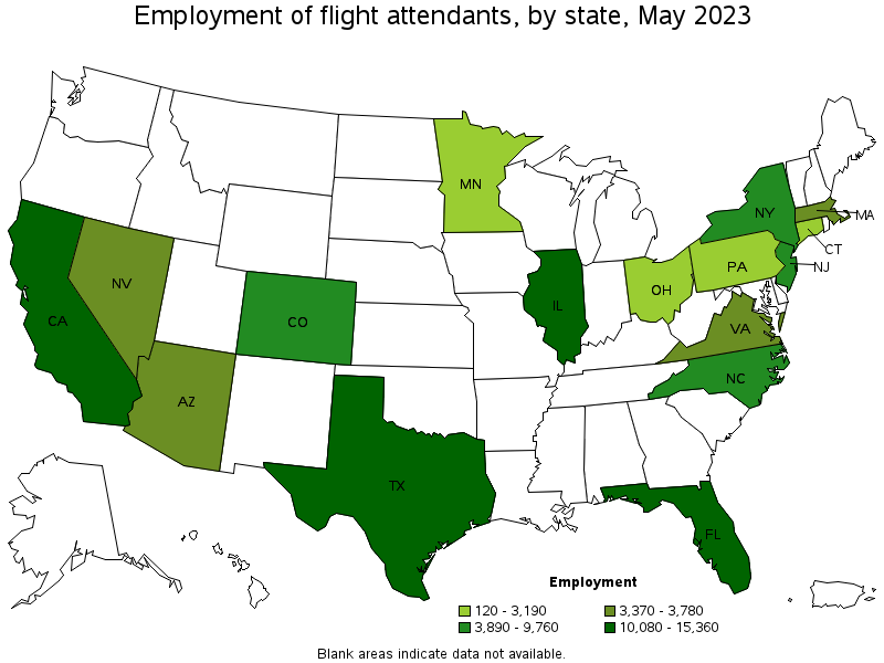 Map of employment of flight attendants by state, May 2023