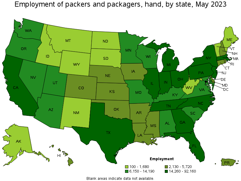 Map of employment of packers and packagers, hand by state, May 2023