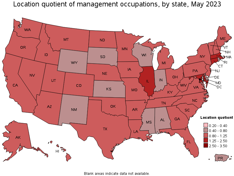 Map of location quotient of management occupations by state, May 2023