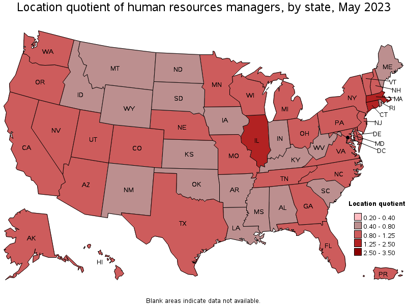 Map of location quotient of human resources managers by state, May 2023
