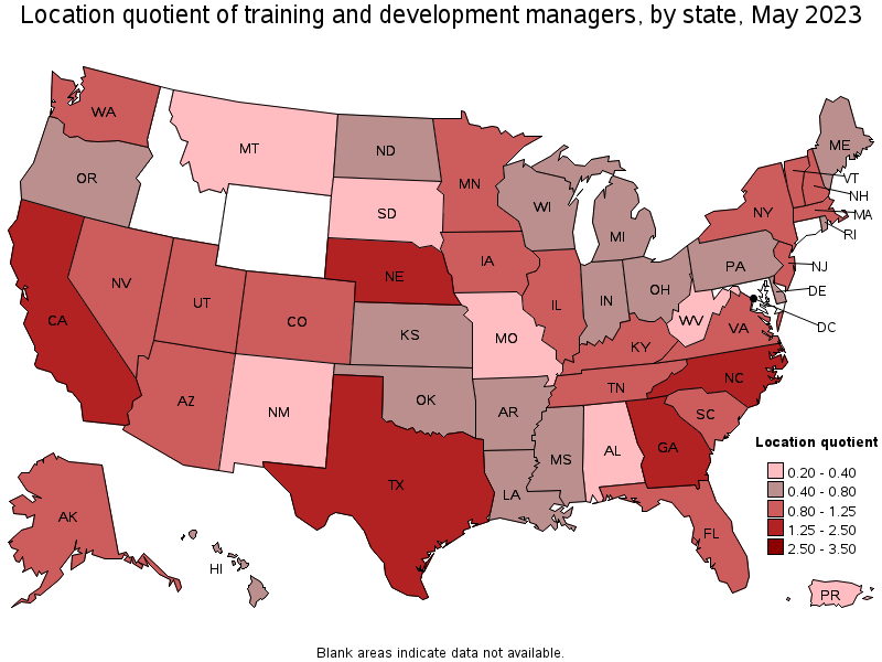 Map of location quotient of training and development managers by state, May 2023
