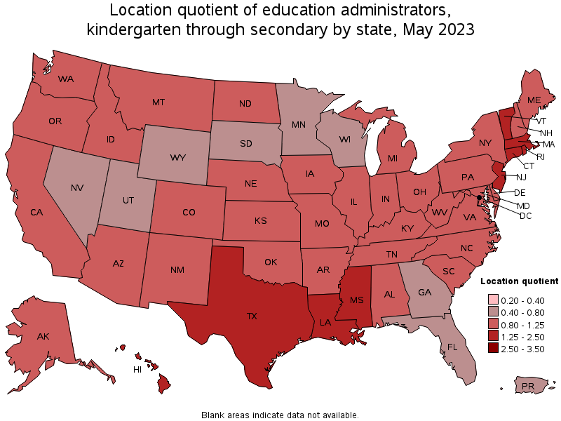 Map of location quotient of education administrators, kindergarten through secondary by state, May 2023