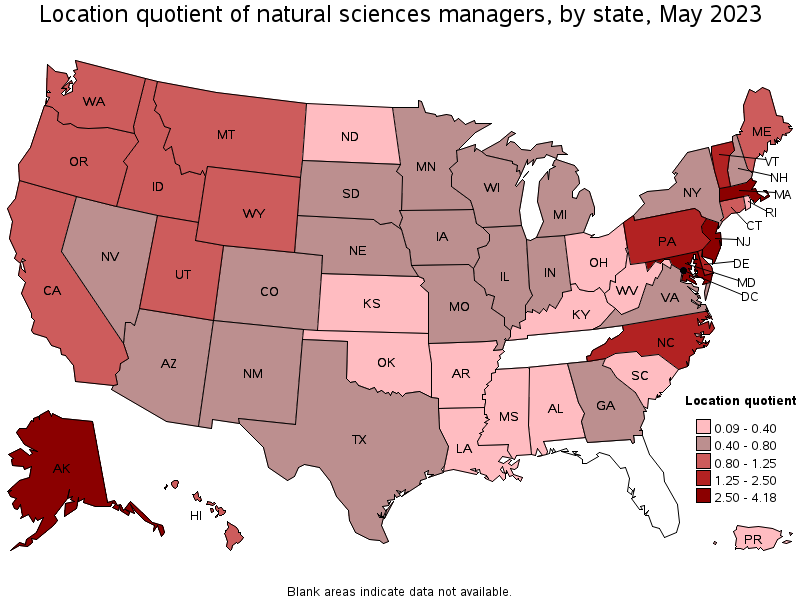 Map of location quotient of natural sciences managers by state, May 2023