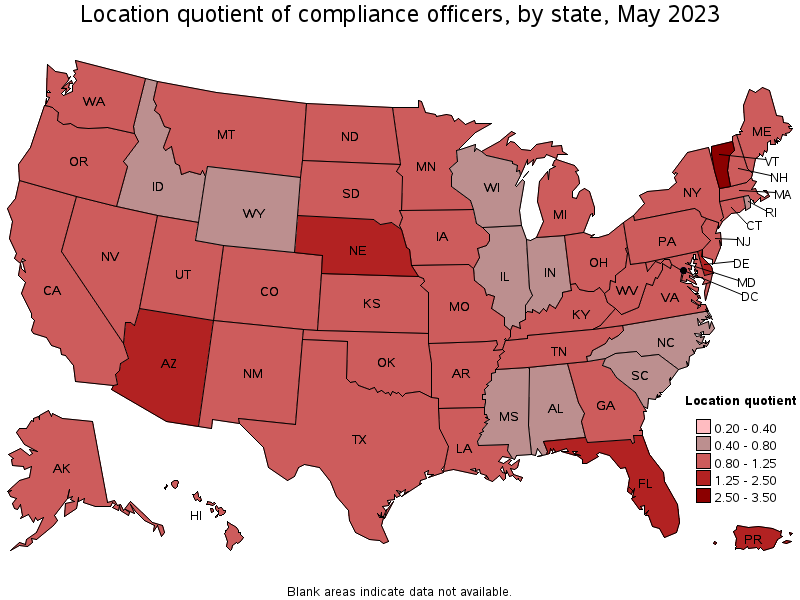 Map of location quotient of compliance officers by state, May 2023