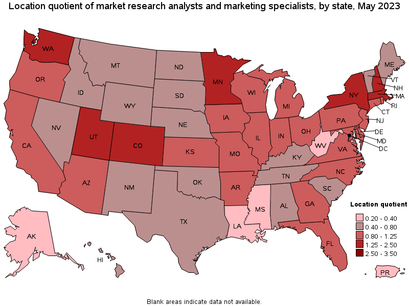 Map of location quotient of market research analysts and marketing specialists by state, May 2023