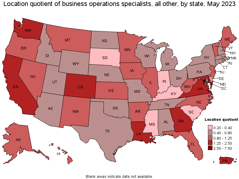 Map of location quotient of business operations specialists, all other by state, May 2023
