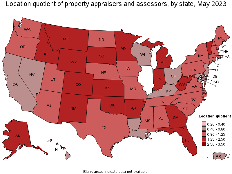 Map of location quotient of property appraisers and assessors by state, May 2023
