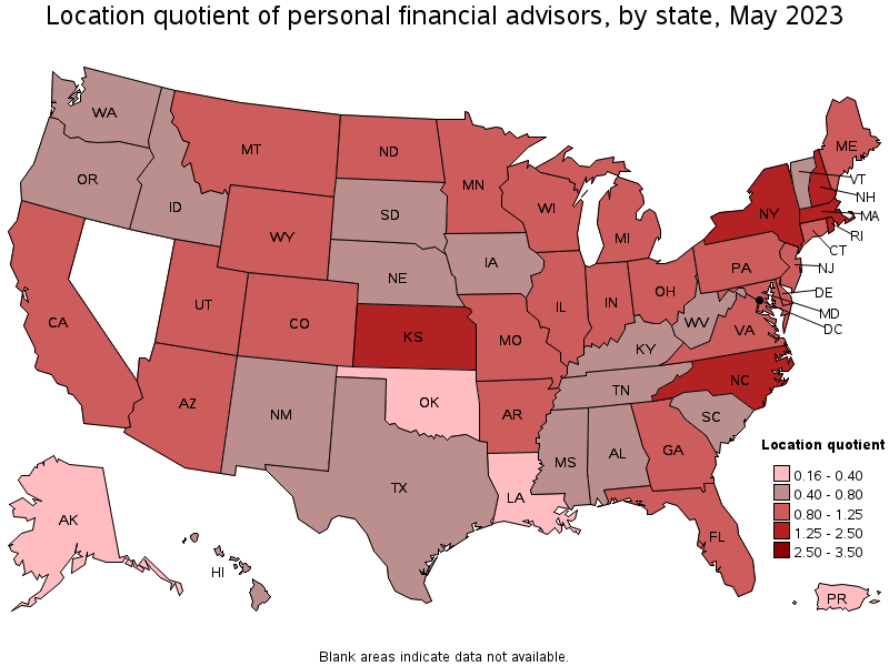 Map of location quotient of personal financial advisors by state, May 2023