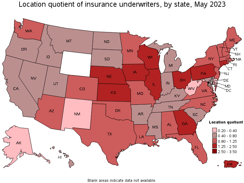 Map of location quotient of insurance underwriters by state, May 2023