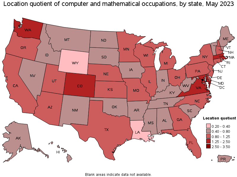 Map of location quotient of computer and mathematical occupations by state, May 2023
