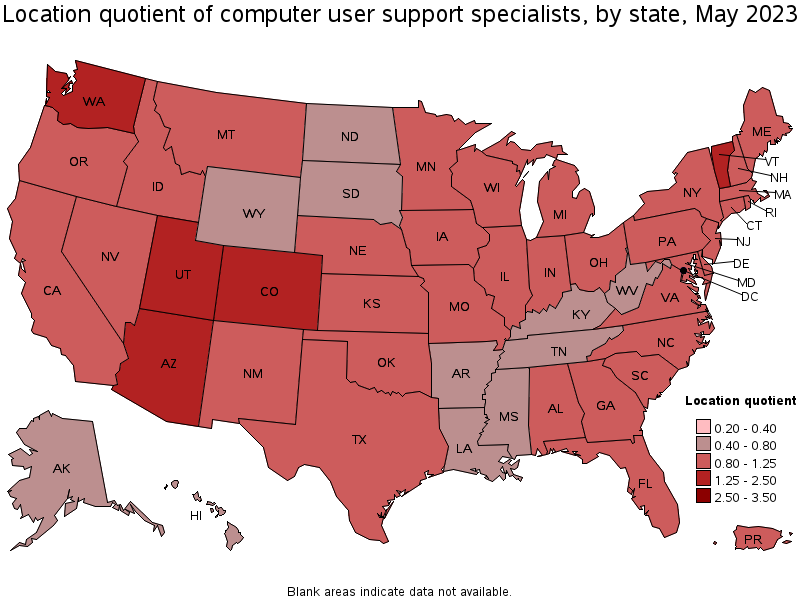 Map of location quotient of computer user support specialists by state, May 2023
