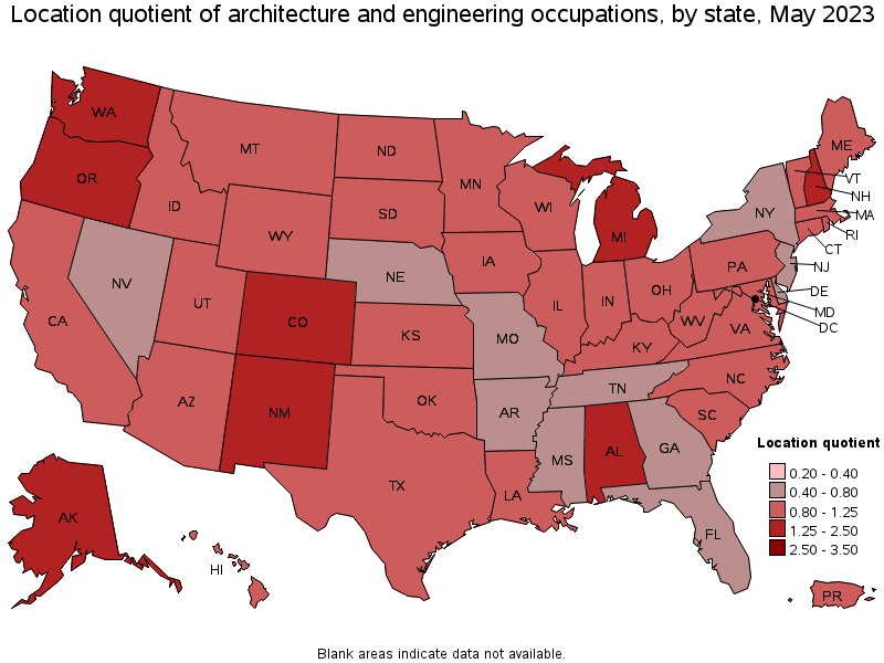 Map of location quotient of architecture and engineering occupations by state, May 2023