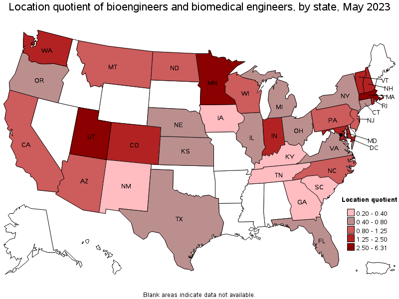 Map of location quotient of bioengineers and biomedical engineers by state, May 2023