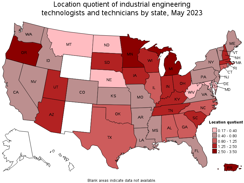 Map of location quotient of industrial engineering technologists and technicians by state, May 2023