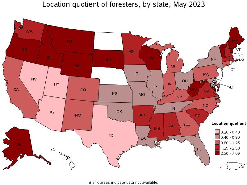 Map of location quotient of foresters by state, May 2023
