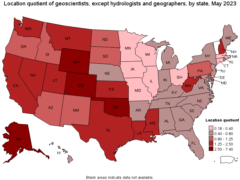 Map of location quotient of geoscientists, except hydrologists and geographers by state, May 2023