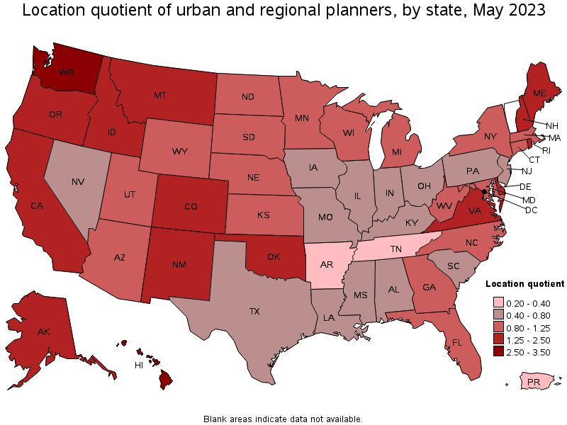 Map of location quotient of urban and regional planners by state, May 2023