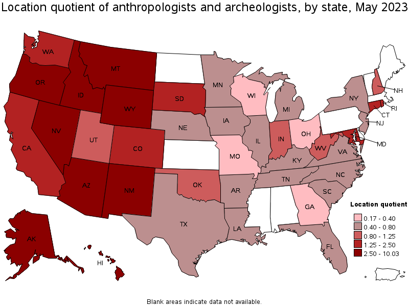 Map of location quotient of anthropologists and archeologists by state, May 2023