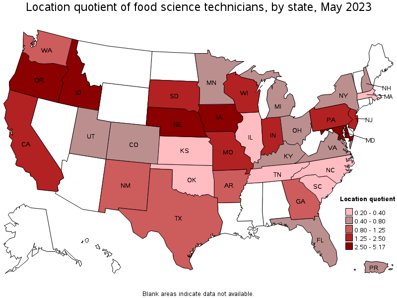 Map of location quotient of food science technicians by state, May 2023