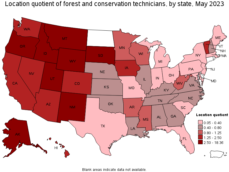 Map of location quotient of forest and conservation technicians by state, May 2023