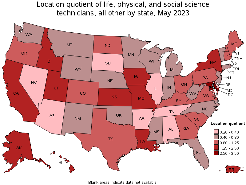 Map of location quotient of life, physical, and social science technicians, all other by state, May 2023