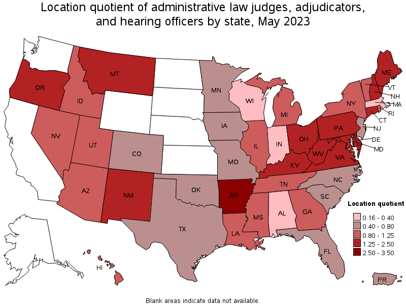 Map of location quotient of administrative law judges, adjudicators, and hearing officers by state, May 2023