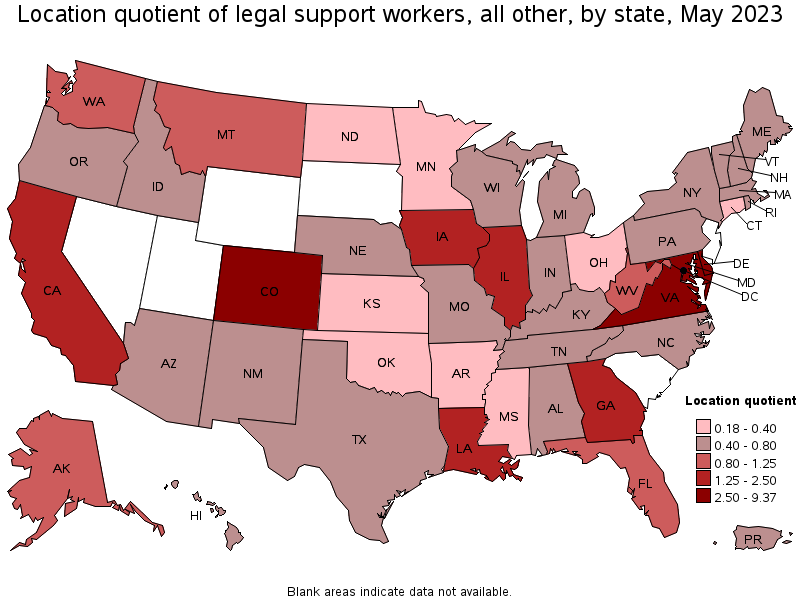 Map of location quotient of legal support workers, all other by state, May 2023