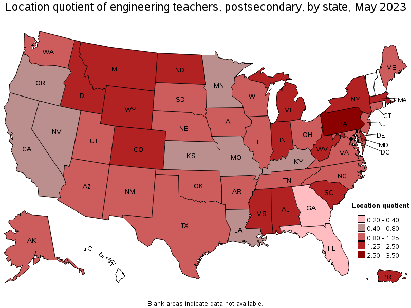 Map of location quotient of engineering teachers, postsecondary by state, May 2023