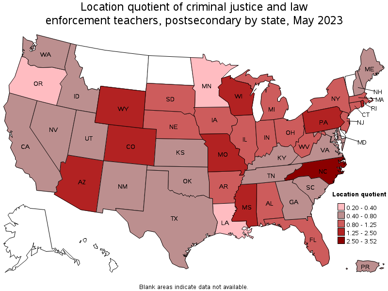 Map of location quotient of criminal justice and law enforcement teachers, postsecondary by state, May 2023
