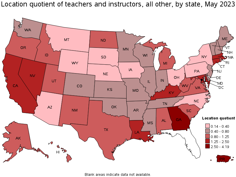 Map of location quotient of teachers and instructors, all other by state, May 2023
