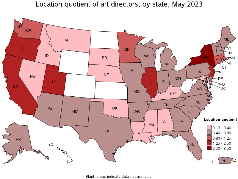 Map of location quotient of art directors by state, May 2023