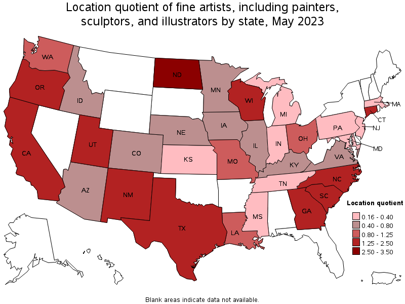 Map of location quotient of fine artists, including painters, sculptors, and illustrators by state, May 2023