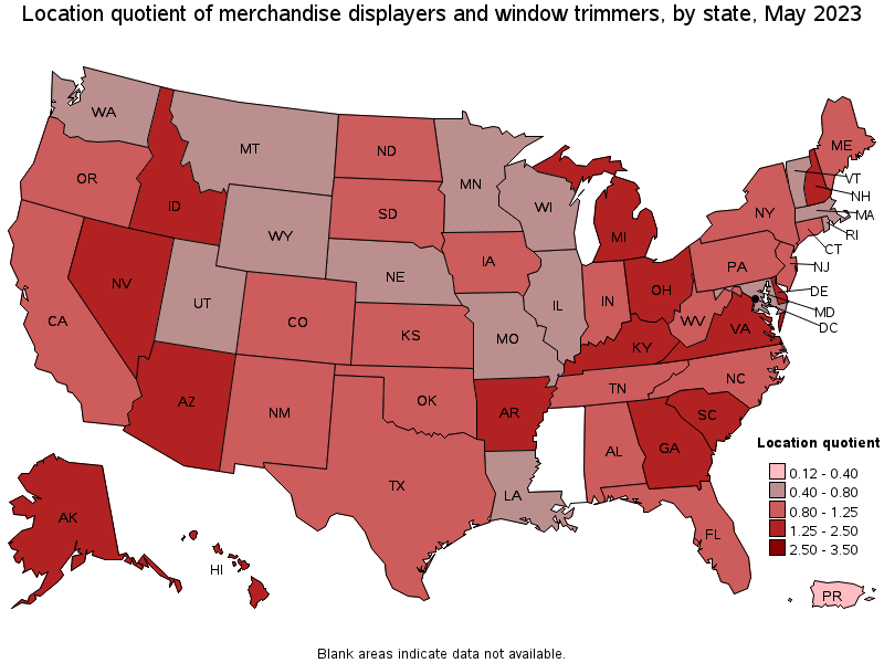 Map of location quotient of merchandise displayers and window trimmers by state, May 2023