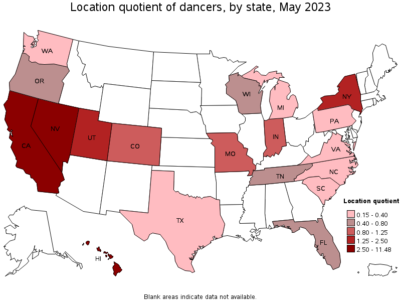 Map of location quotient of dancers by state, May 2023