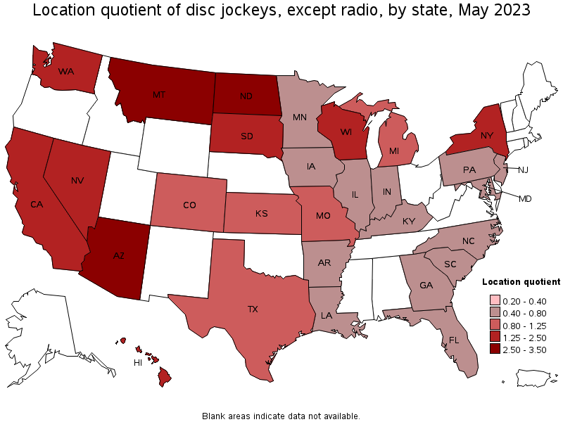 Map of location quotient of disc jockeys, except radio by state, May 2023