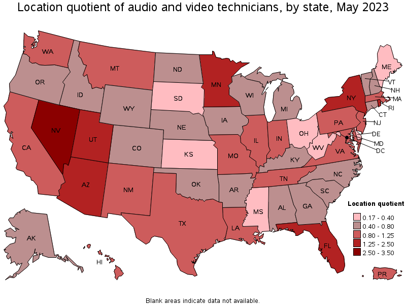 Map of location quotient of audio and video technicians by state, May 2023