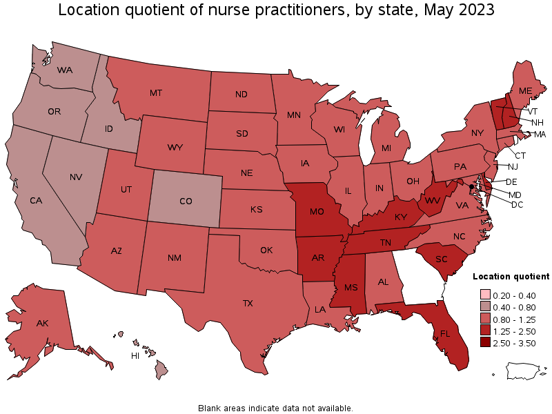 Map of location quotient of nurse practitioners by state, May 2023