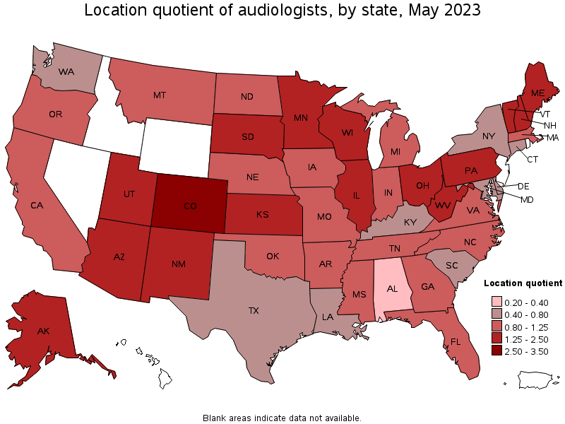 Map of location quotient of audiologists by state, May 2023