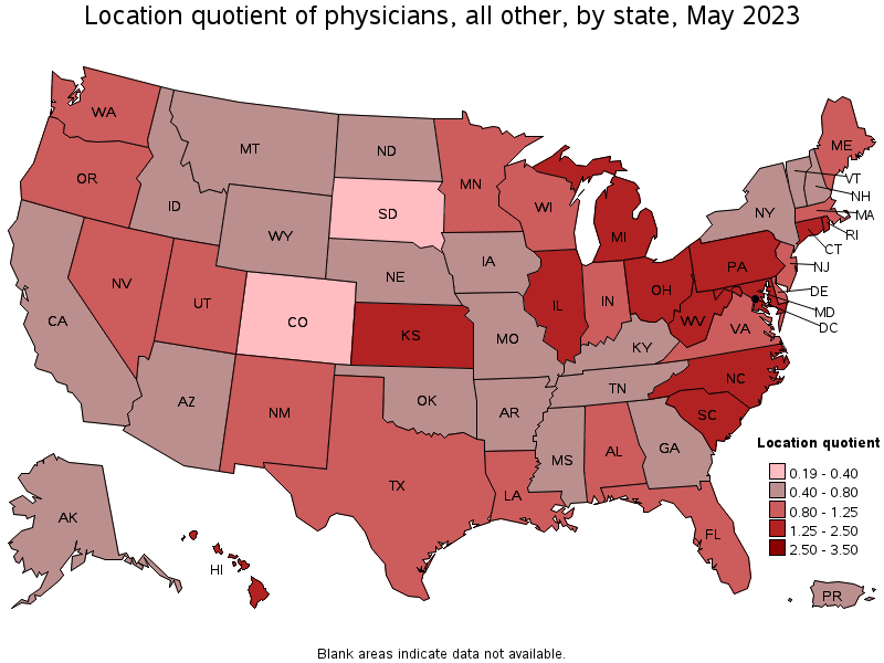 Map of location quotient of physicians, all other by state, May 2023