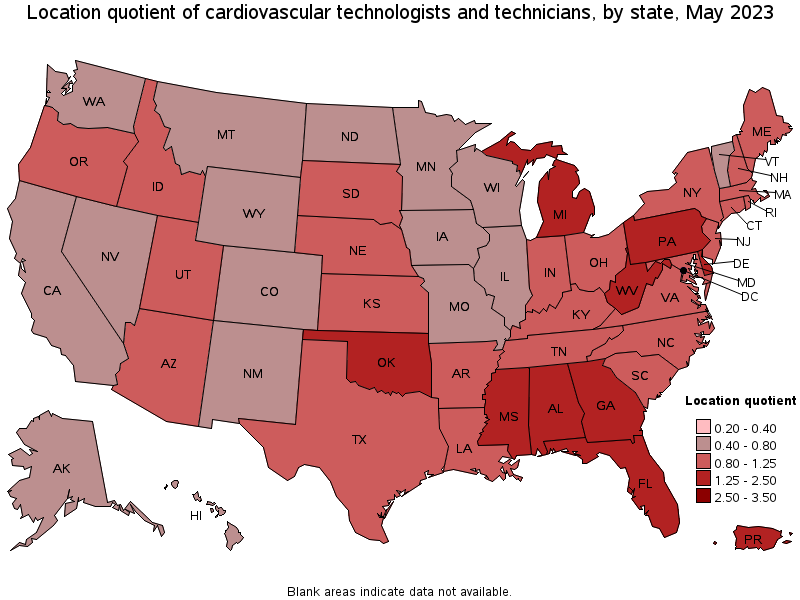 Map of location quotient of cardiovascular technologists and technicians by state, May 2023