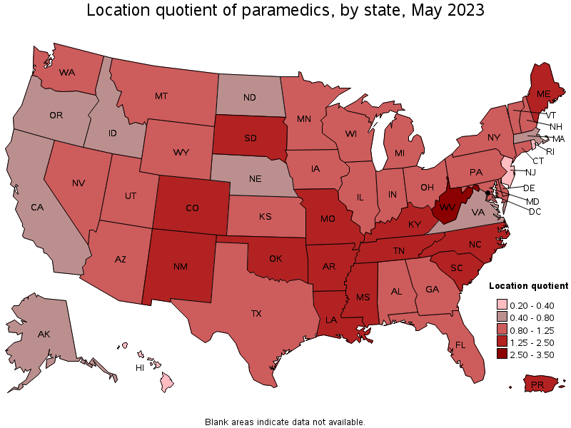 Map of location quotient of paramedics by state, May 2023