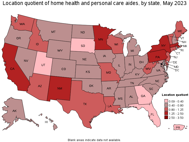 Map of location quotient of home health and personal care aides by state, May 2023