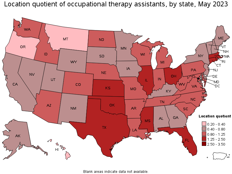 Map of location quotient of occupational therapy assistants by state, May 2023