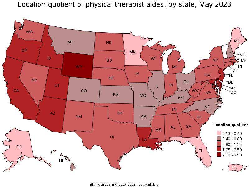 Map of location quotient of physical therapist aides by state, May 2023